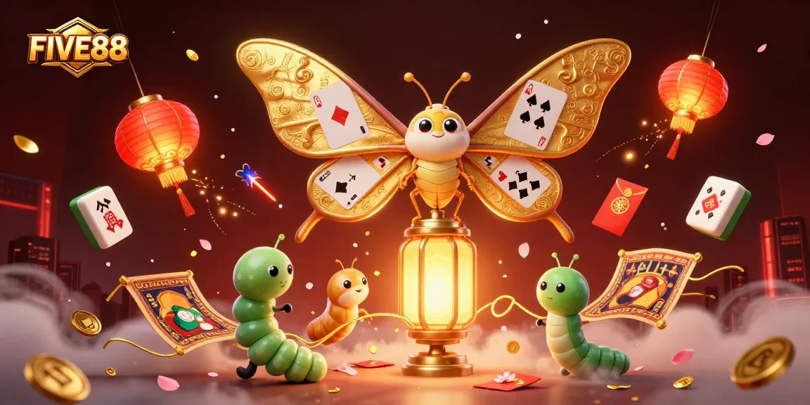 Engage with the vibrant thrills of FIVE88's online casino adventures, featuring majestic moths and glowing lanterns.