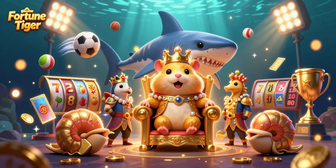 Experience the excitement of Fortune Tiger with a vibrant 3D illustration of a golden hamster king amidst slot reels and dynamic sports elements.