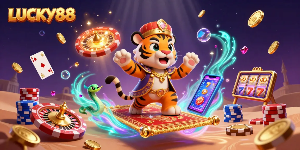 Experience the thrill of LUCKY88 with a tiger sultan and Arabian elements in a dazzling casino scene.