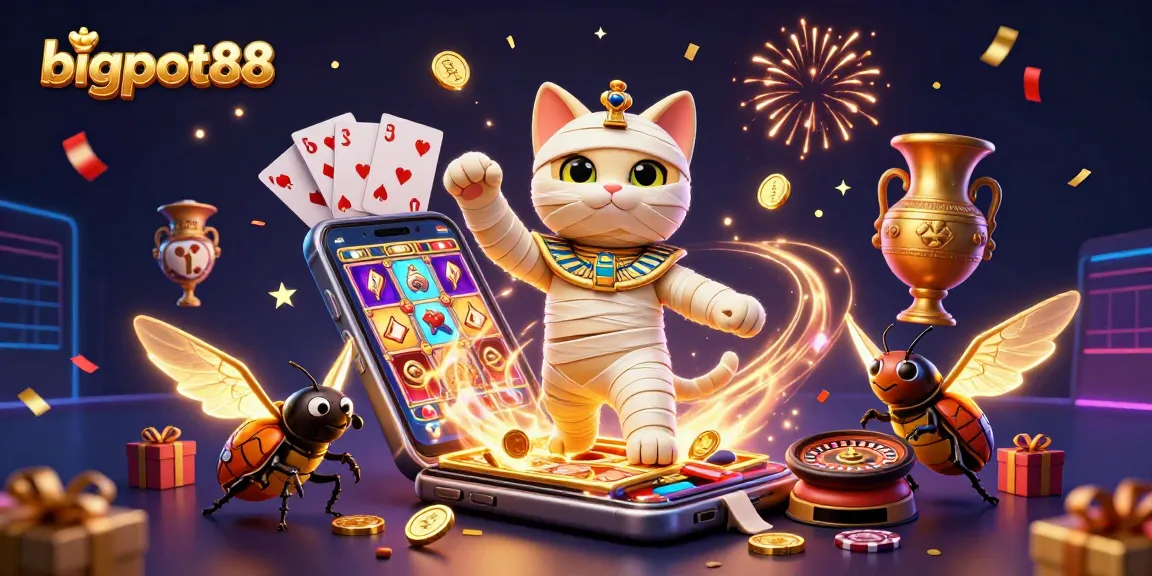 Bigpot88's exciting mummy cat and companions celebrate wins in a vibrant casino scene.