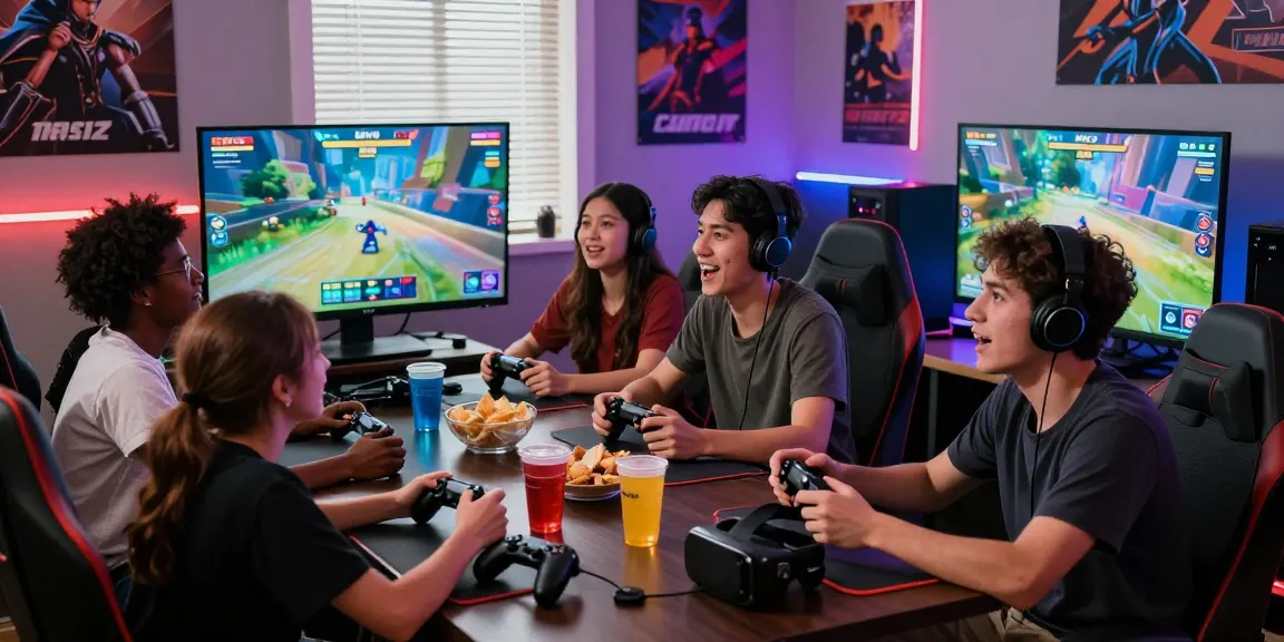 Group of friends joyfully playing sunwin together in a vibrant gaming room.