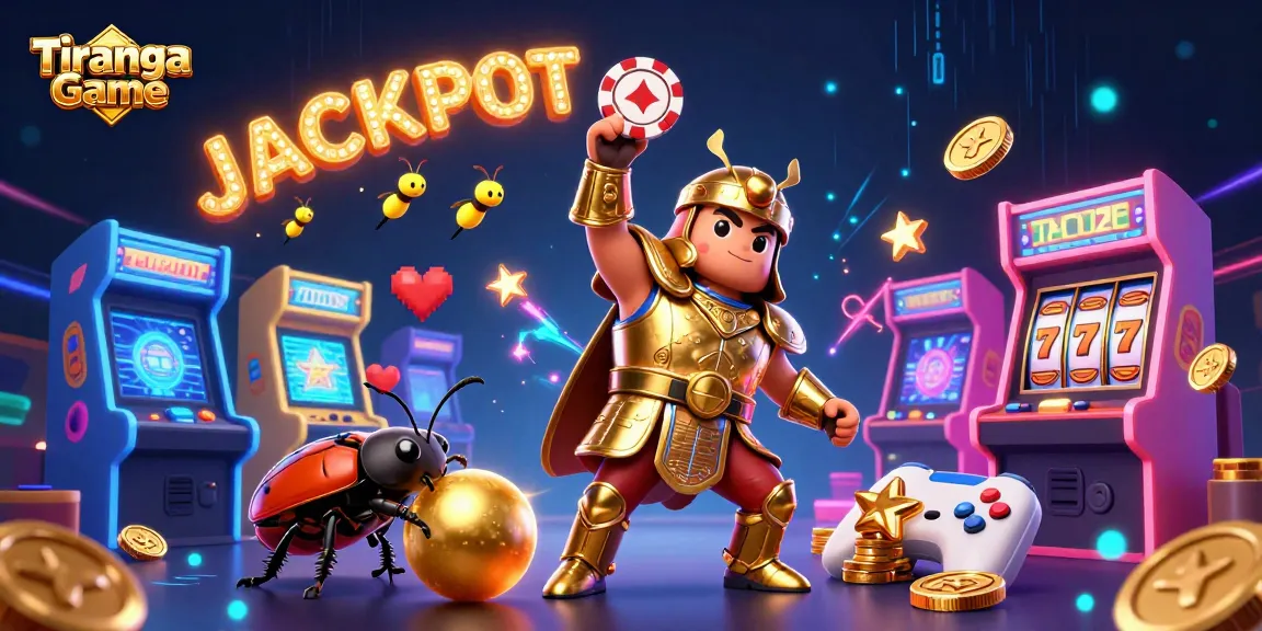 Tiranga Game's beetle champions celebrate a jackpot with vibrant slots and glowing arcade machines