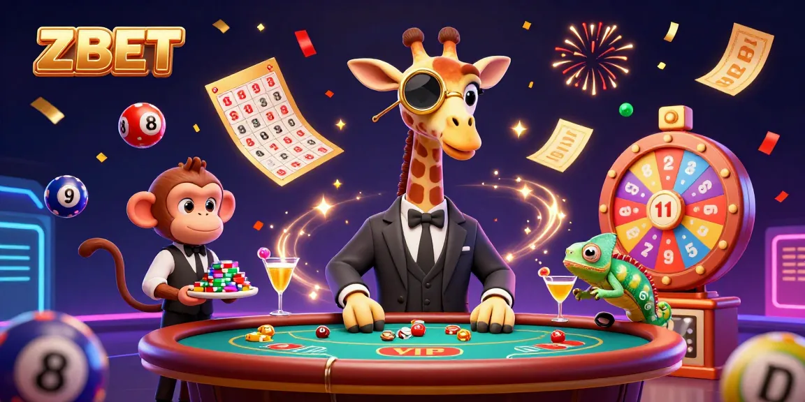 ZBET showcases a lively 3D scene with a high-roller giraffe and fun casino elements for exciting gameplay.