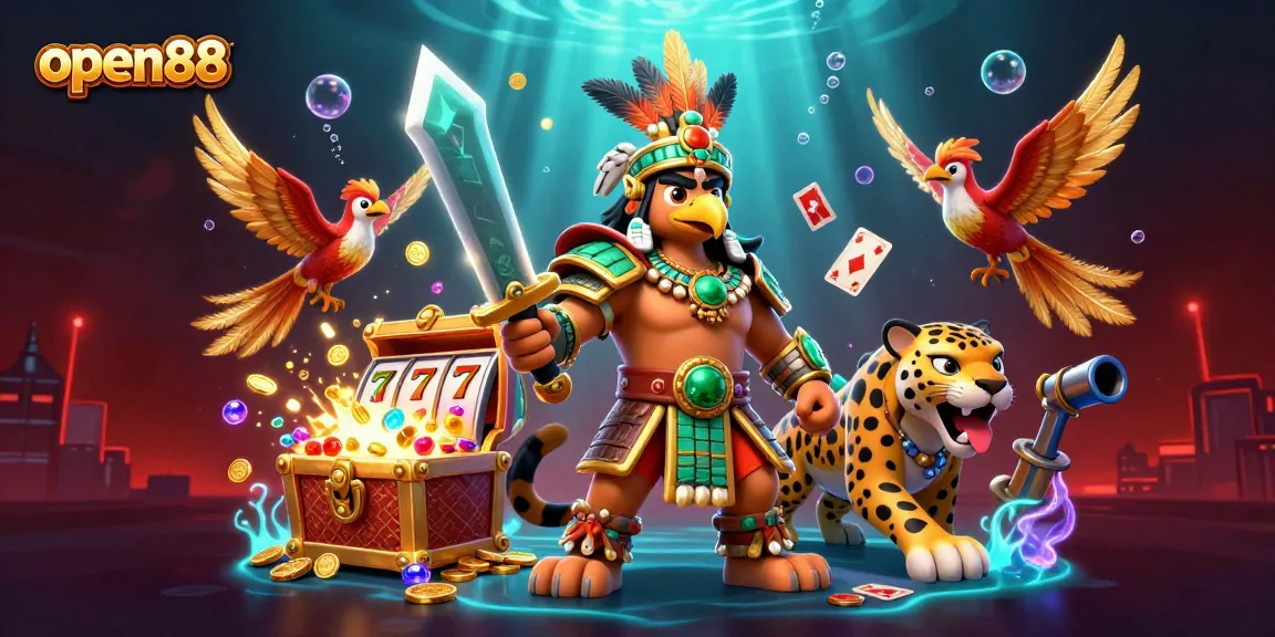 Engage with the exciting world of open88 featuring vibrant Aztec warriors amid dynamic gambling elements.