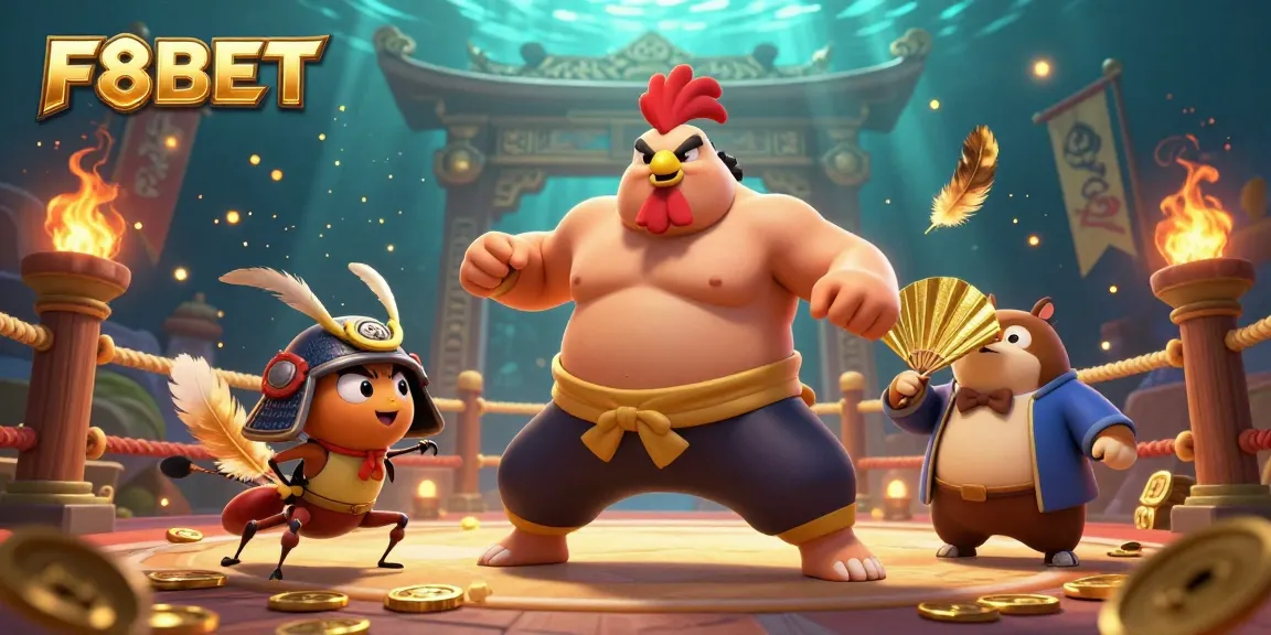 Engage in thrilling battles at F8BET with a sumo wrestler rooster and friends in a vibrant arena!