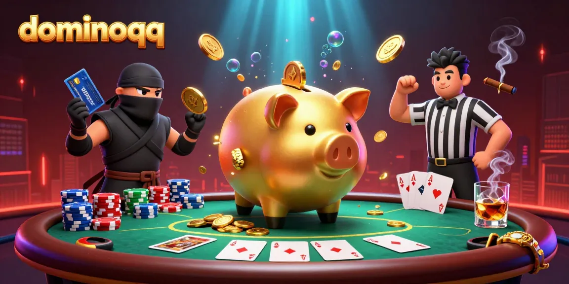 Dominoqq showcases a thrilling poker scene with animated characters engaging in a dynamic game.