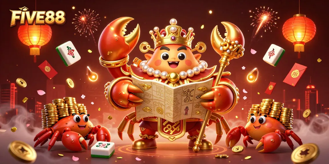 Engage in the excitement of FIVE88 with a golden crab emperor in a vibrant casino scene.