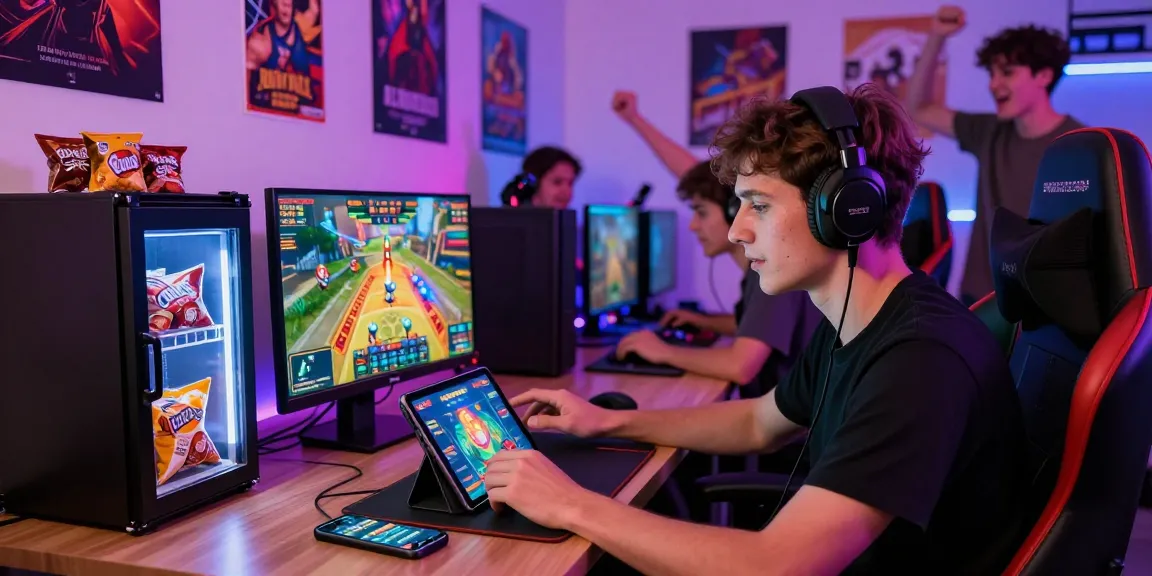 Engaging online game session in a vibrant gaming room with colorful lights and friends cheering.