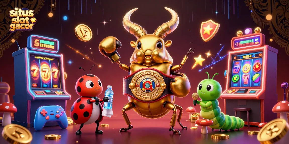 situs slot gacor scene showcasing a giant stag beetle in a boxing ring with vibrant slot machine elements.