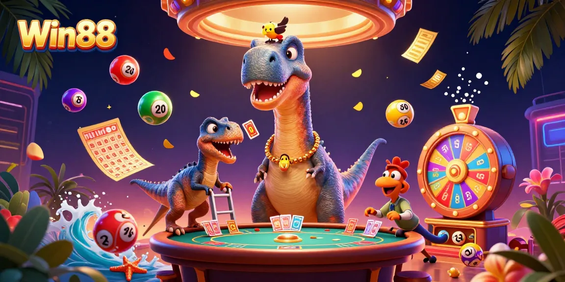 Win88 brings excitement with a dinosaur-led casino scene filled with vibrant game elements.