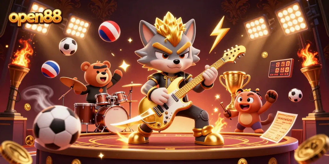 Watch the rock star wolf with the open88 logo shredding guitar while betting on sports games.